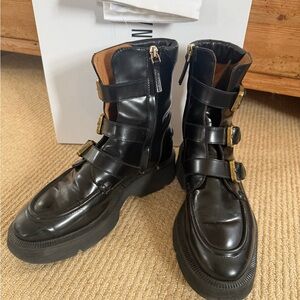 La Canadienne Benwin leather buckle-trio moto booties in black.